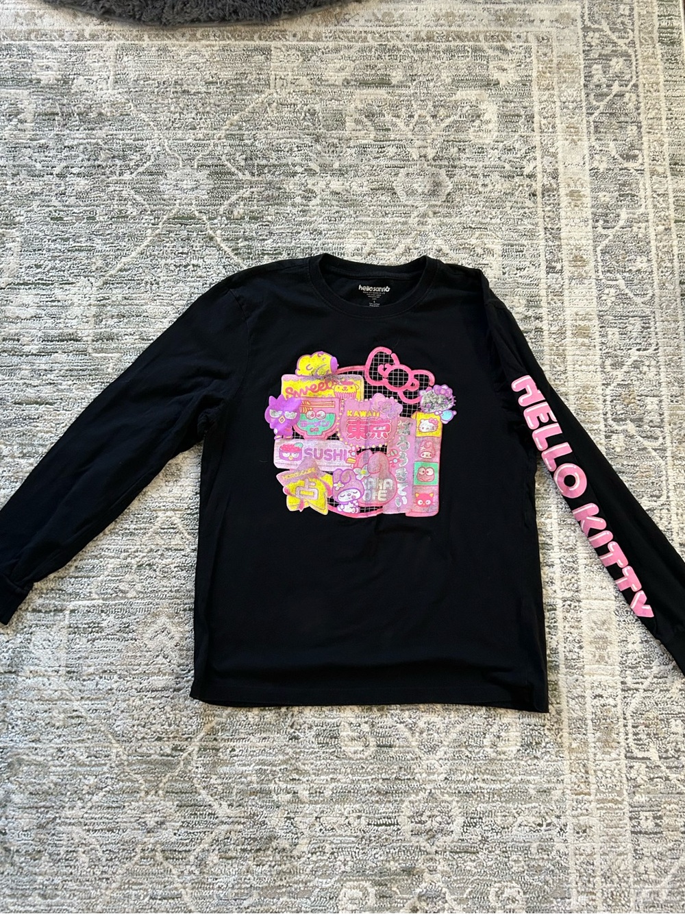 Hello Kitty Black Long Sleeve Tee with Pink Graphic Sleeve Text